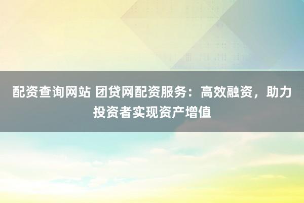 配资查询网站 团贷网配资服务：高效融资，助力投资者实现资产增值